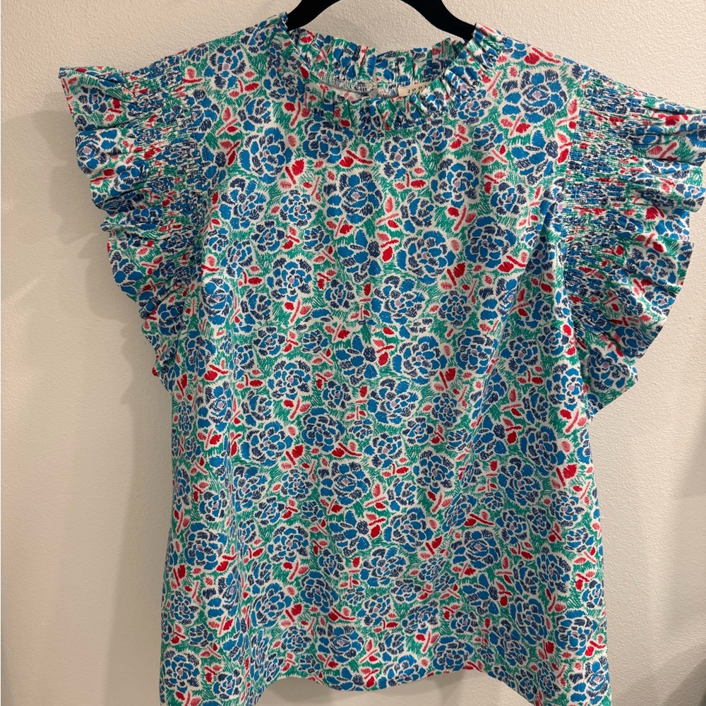 JODIFL Floral Ruffle Sleeve Blouse - Blue and Red
